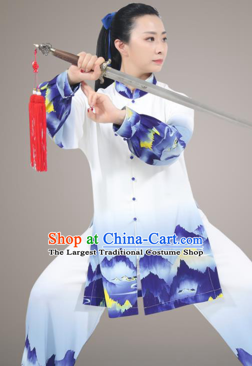 Chinese Traditional Kung Fu Costumes Tai Ji Competition Blue Uniform Printing Landscape Outfit Tai Chi Training Outfit