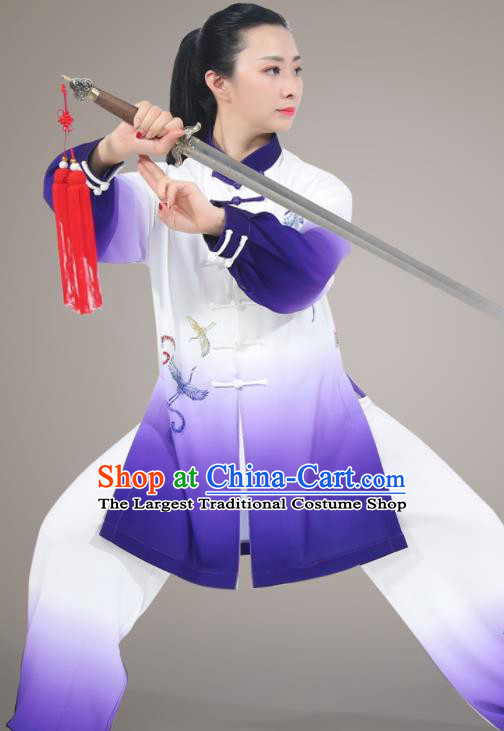 Top Tai Chi Printing Crane Purple Outfit Kung Fu Costumes Chinese Tai Ji Training Uniform Martial Arts Competition Clothing