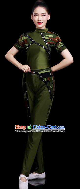 Chinese Female Soldier Dance Costume Modern Dance Green Suit Stage Performance Clothing