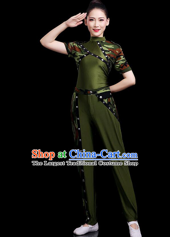 Chinese Female Soldier Dance Costume Modern Dance Green Suit Stage Performance Clothing