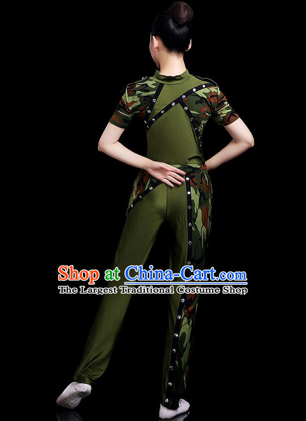 Chinese Female Soldier Dance Costume Modern Dance Green Suit Stage Performance Clothing