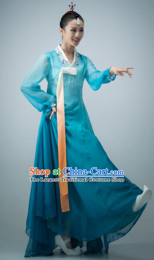 Chinese Women Stage Performance Costume Classical Dance Blue Dress Korean Nationality Dance Clothing