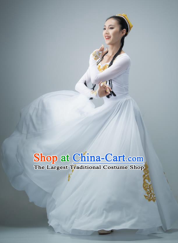 Chinese Uyghur Nationality Women Stage Performance Costume Xinjiang Dance White Dress Ethnic Dance Clothing