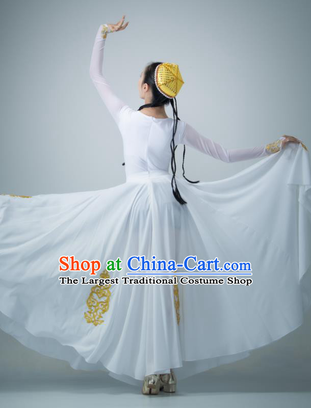 Chinese Uyghur Nationality Women Stage Performance Costume Xinjiang Dance White Dress Ethnic Dance Clothing