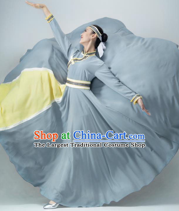 Chinese Classical Dance Clothing Mongol Nationality Stage Performance Costume Mongolian Women Dance Grey Dress