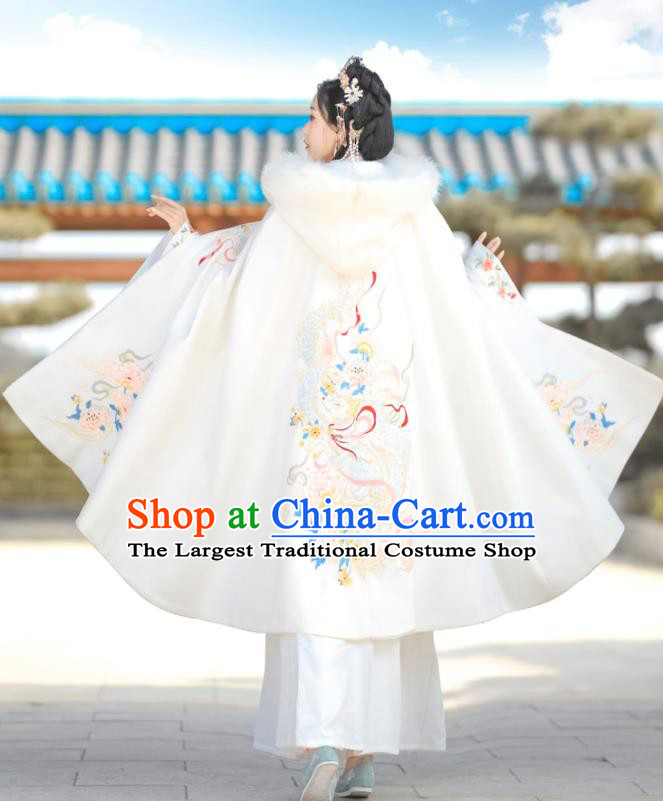 China Ming Dynasty Noble Lady Embroidered Cloak Clothing Ancient Princess Garment Costume Traditional Hanfu White Woolen Mantle