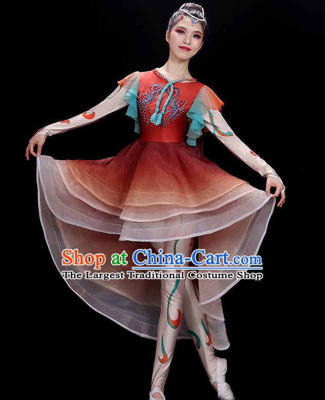 China Stage Performance Garments Modern Dance Clothing Opening Dance Red Dress Outfit Umbrella Dance Costumes