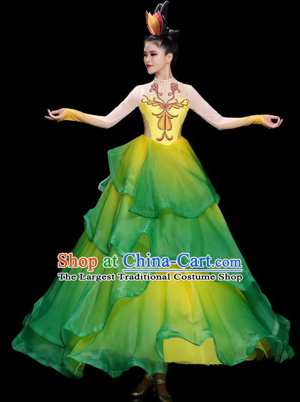 China Flower Dance Costume Stage Performance Garments Modern Dance Clothing Opening Dance Green Dress