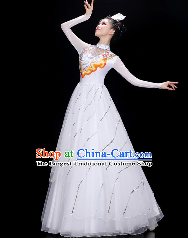 Top Women Chorus Costume Stage Performance Garments Modern Dance Clothing Opening Dance White Dress