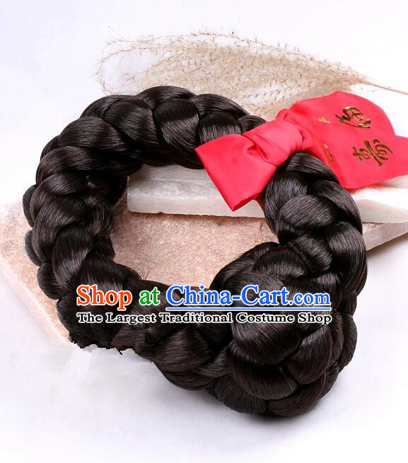 Korean Traditional Bride Braid Wig Handmade Hanbok Black Hair Piece Court Women Hair Bun