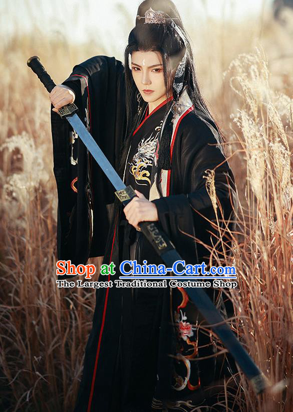 Chinese Traditional Embroidered Hanfu Robe Jin Dynasty Young Childe Garment Costumes Ancient Swordsman Black Clothing