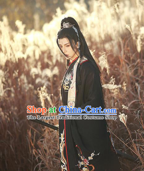 Chinese Traditional Embroidered Hanfu Robe Jin Dynasty Young Childe Garment Costumes Ancient Swordsman Black Clothing