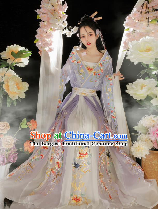 Chinese Southern and Northern Dynasties Noble Woman Garment Costumes Ancient Royal Prince Clothing Traditional Embroidered Lilac Hanfu Dress