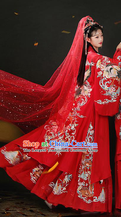 Chinese Traditional Embroidered Red Hanfu Dress Song Dynasty Wedding Garment Costumes Ancient Royal Princess Clothing