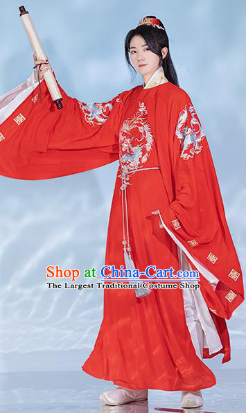 Chinese Ancient Hanfu Wedding Clothing Traditional Groom Red Robe Song Dynasty Scholar Garment Costumes