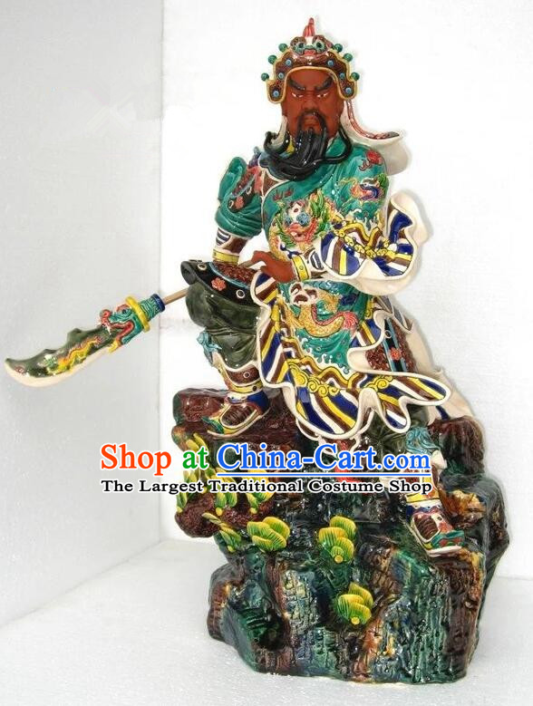 Chinese Guan Gong Porcelain Sculpture  Shi Wan Ceramic Figurine Handmade 24 inches Guan Yu Statue Arts