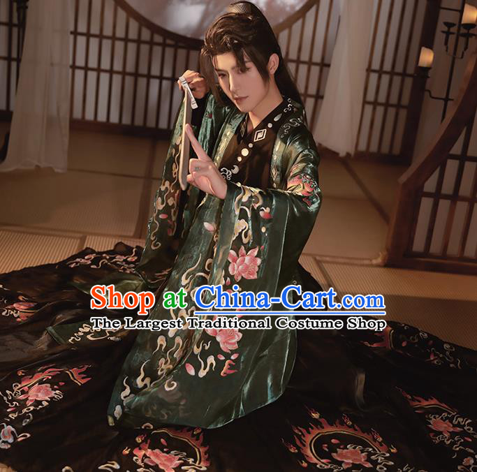 China Traditional Embroidered Hanfu Clothing Jin Dynasty Noble Childe Garment Costumes Ancient Swordsman Green Outfits