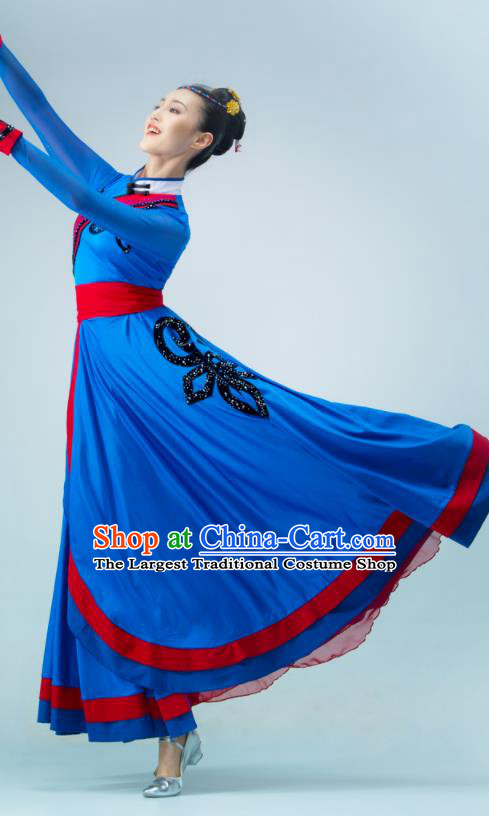 Chinese Mongol Nationality Dance Costume Mongolian Dance Deep Blue Dress Stage Performance Garment Woman Dance Clothing