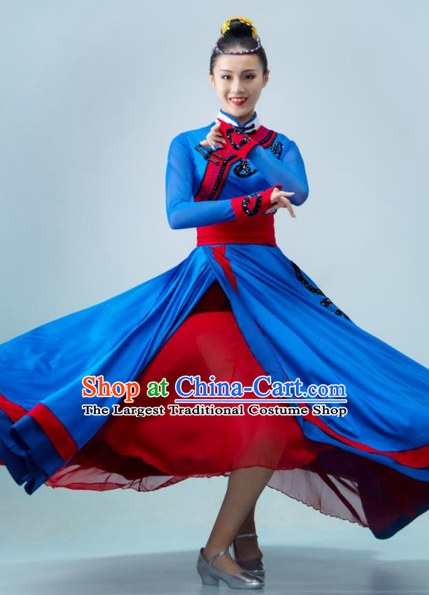 Chinese Mongol Nationality Dance Costume Mongolian Dance Deep Blue Dress Stage Performance Garment Woman Dance Clothing