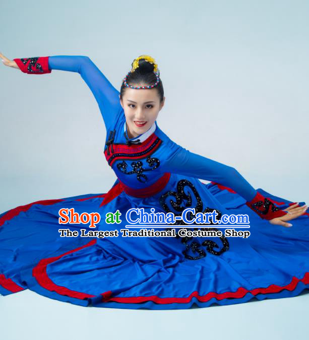 Chinese Mongol Nationality Dance Costume Mongolian Dance Deep Blue Dress Stage Performance Garment Woman Dance Clothing