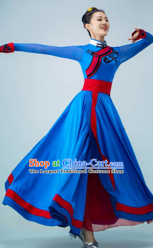 Chinese Mongol Nationality Dance Costume Mongolian Dance Deep Blue Dress Stage Performance Garment Woman Dance Clothing