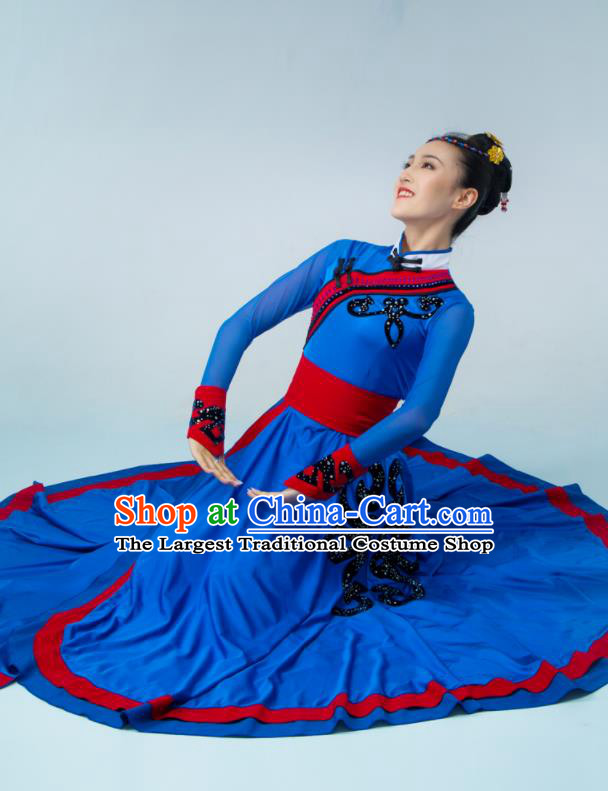 Chinese Mongol Nationality Dance Costume Mongolian Dance Deep Blue Dress Stage Performance Garment Woman Dance Clothing