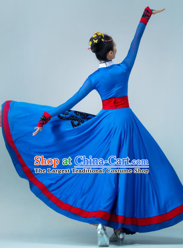 Chinese Mongol Nationality Dance Costume Mongolian Dance Deep Blue Dress Stage Performance Garment Woman Dance Clothing