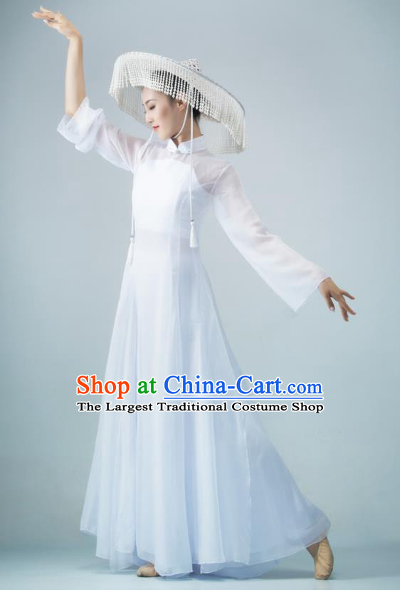 Chinese Women Group Garments Classical Dance Clothing Xun Shan Xing Performance Costume Ballet Dance White Dress