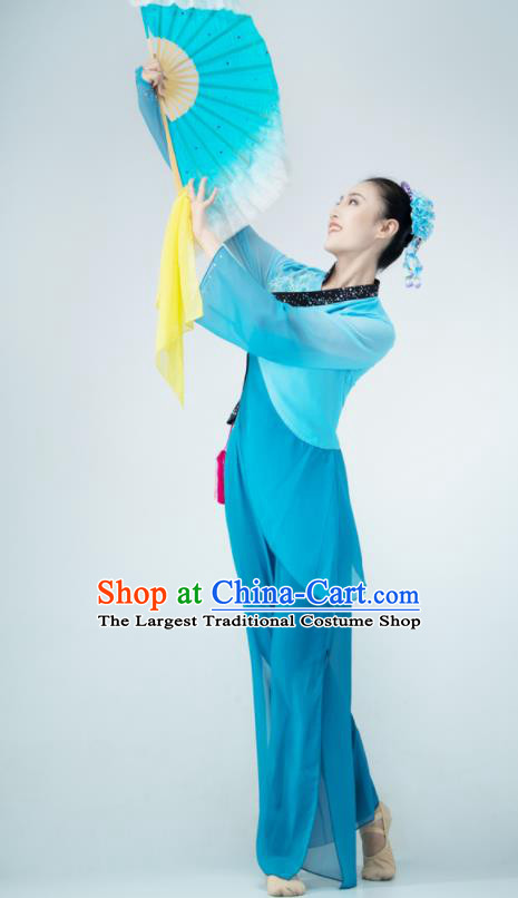 Chinese Fan Dance Blue Outfit Women Group Garments Folk Dance Clothing Silk Fan Performance Costume