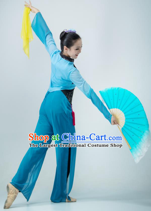 Chinese Fan Dance Blue Outfit Women Group Garments Folk Dance Clothing Silk Fan Performance Costume