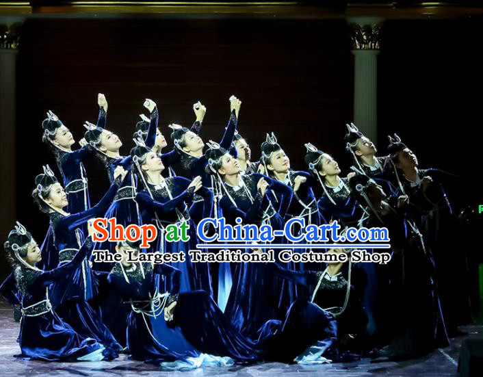 Chinese Women Group Dance Dark Blue Velvet Dress Mongolian Dance Garment Mongol Nationality Dance Clothing Stage Performance Costume