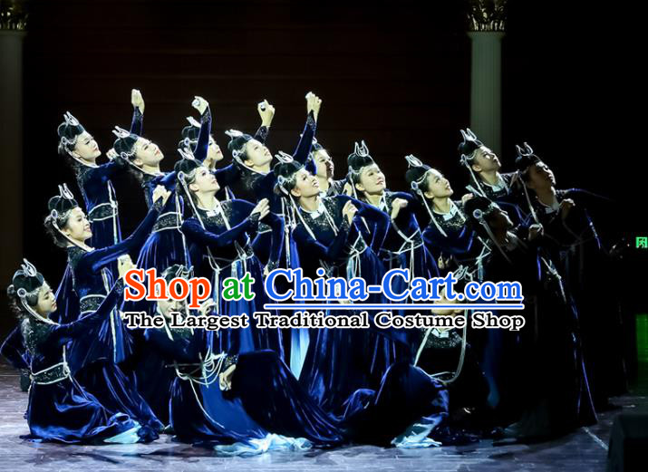 Chinese Women Group Dance Dark Blue Velvet Dress Mongolian Dance Garment Mongol Nationality Dance Clothing Stage Performance Costume