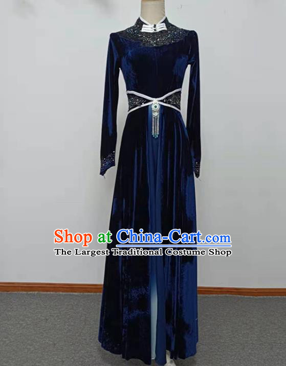 Chinese Women Group Dance Dark Blue Velvet Dress Mongolian Dance Garment Mongol Nationality Dance Clothing Stage Performance Costume