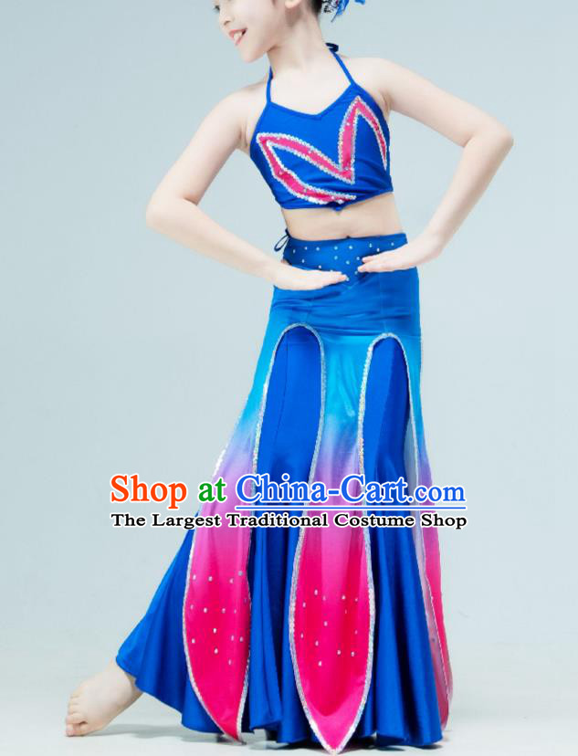 Chinese Peacock Dance Garment Classical Dance Clothing Stage Performance Costume Children Dai Nationality Dance Blue Dress