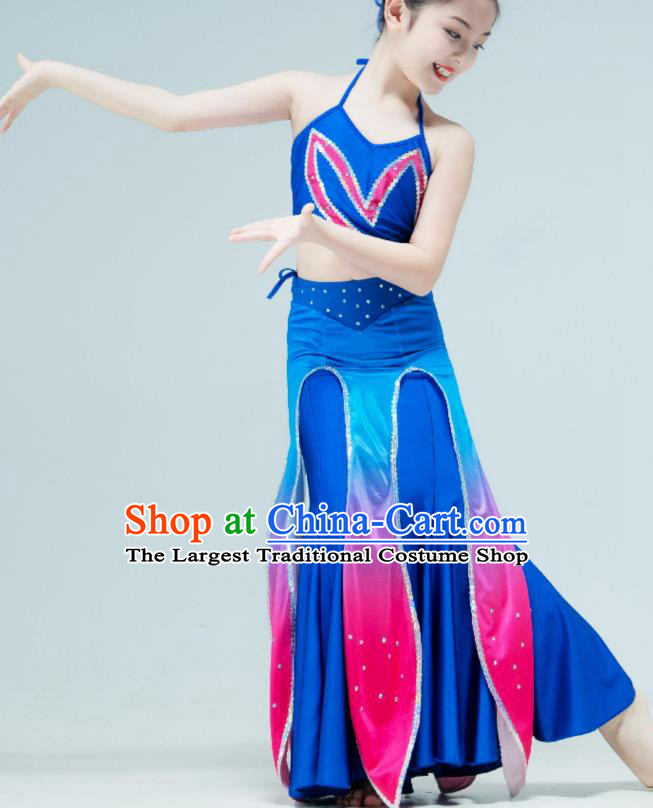 Chinese Peacock Dance Garment Classical Dance Clothing Stage Performance Costume Children Dai Nationality Dance Blue Dress