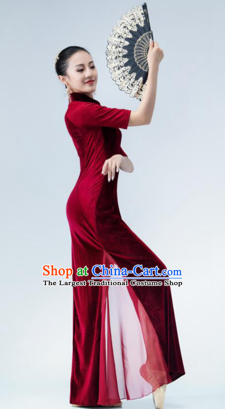 Chinese Classical Dance Clothing Qipao Performance Costume Women Dance Wine Red Velvet Cheongsam Ballet Dance Garment