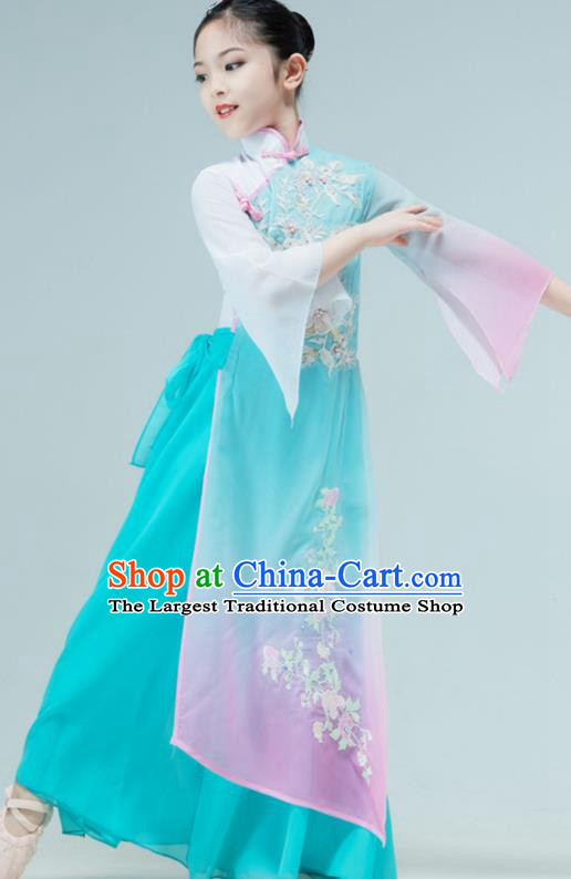 Chinese Children Fan Dance Clothing Stage Performance Costume Umbrella Dance Green Dress Outfit Classical Dance Garment