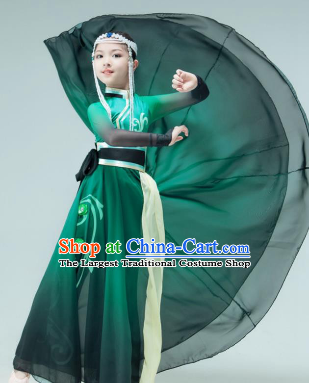 Chinese Stage Performance Costume Children Mongolian Dance Green Dress Mongol Nationality Dance Garment Classical Dance Clothing