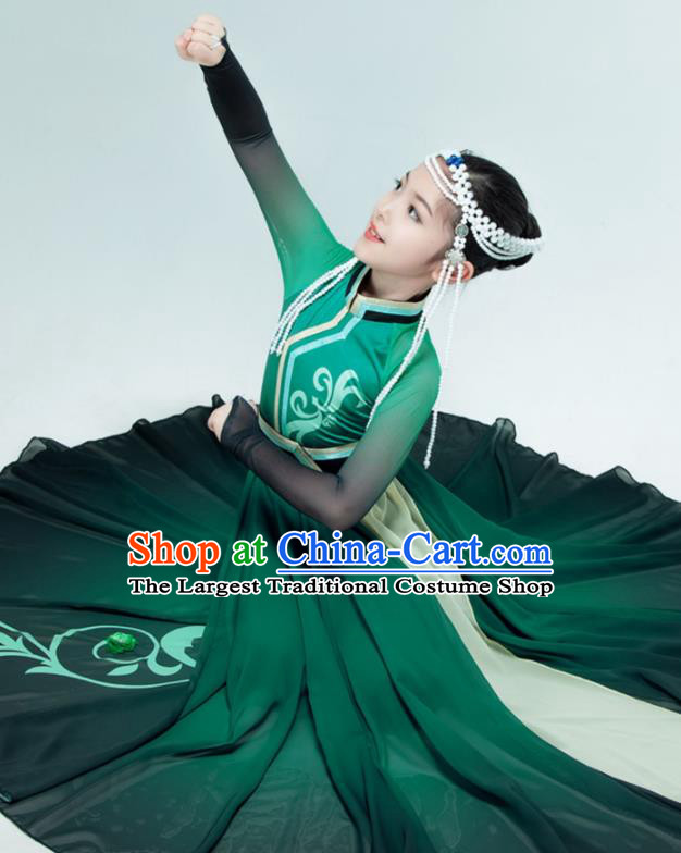 Chinese Stage Performance Costume Children Mongolian Dance Green Dress Mongol Nationality Dance Garment Classical Dance Clothing