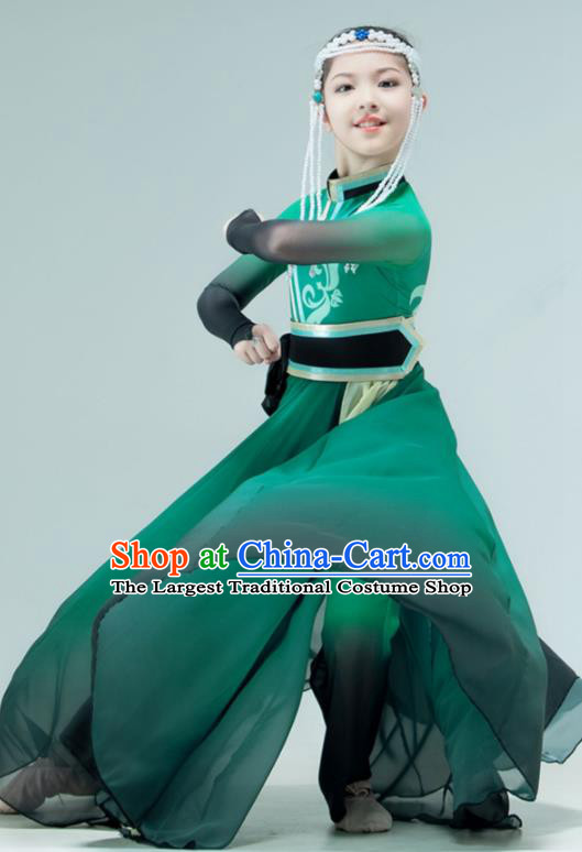 Chinese Stage Performance Costume Children Mongolian Dance Green Dress Mongol Nationality Dance Garment Classical Dance Clothing