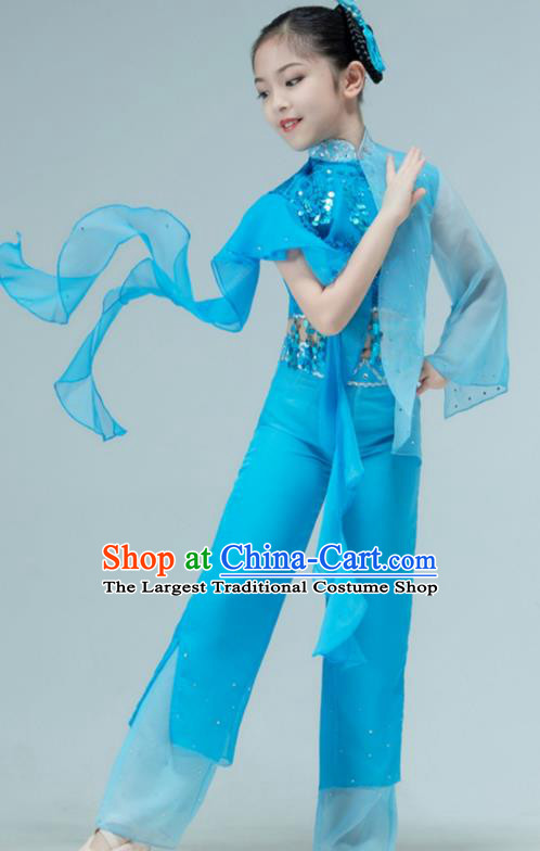 Chinese Children Dance Clothing Stage Performance Costume Folk Dance Blue Outfit Yangko Dance Garment