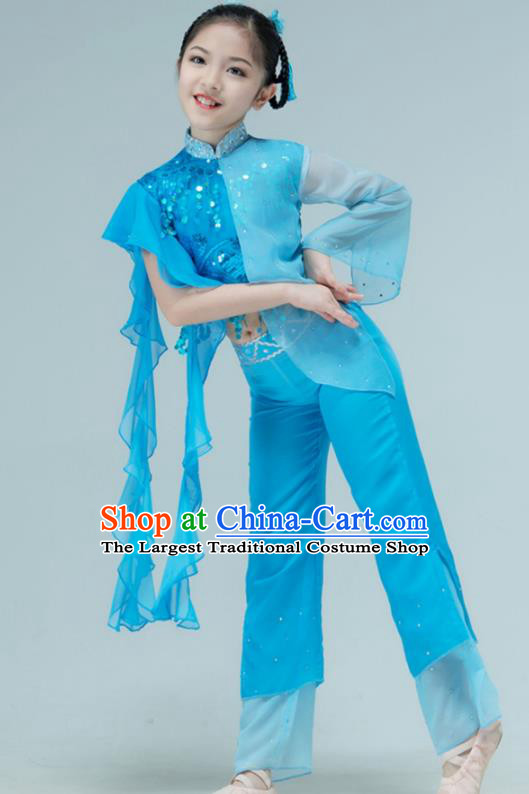 Chinese Children Dance Clothing Stage Performance Costume Folk Dance Blue Outfit Yangko Dance Garment