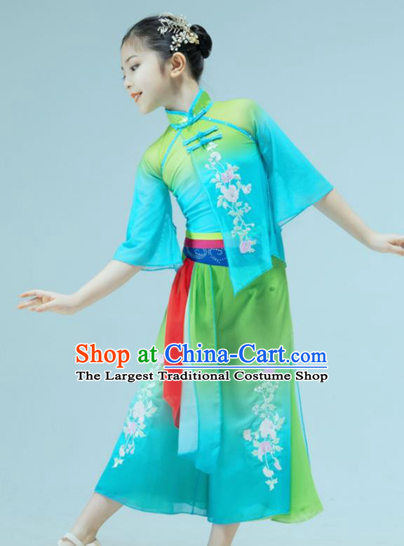 Chinese Yangko Dance Garment Children Dance Clothing Stage Performance Costume Folk Dance Green Outfit
