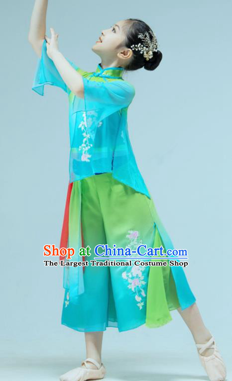 Chinese Yangko Dance Garment Children Dance Clothing Stage Performance Costume Folk Dance Green Outfit