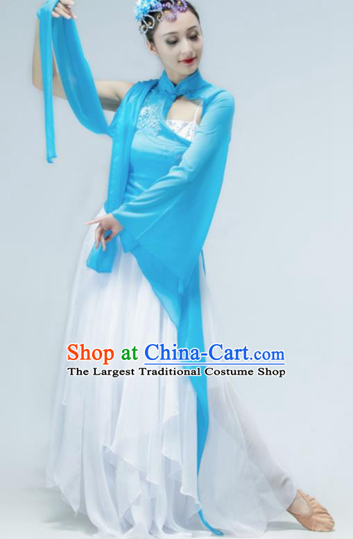 Chinese Stage Performance Costume Classical Dance Blue Dress Women Group Dance Garment Fan Dance Clothing