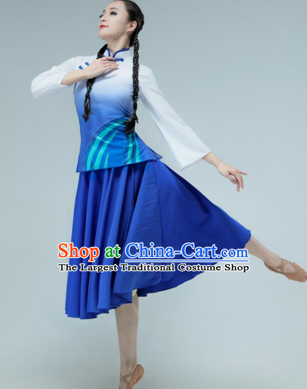 Chinese Ballet Dance Clothing Stage Performance Costume Modern Dance Blue Dress Women Group Dance Garment