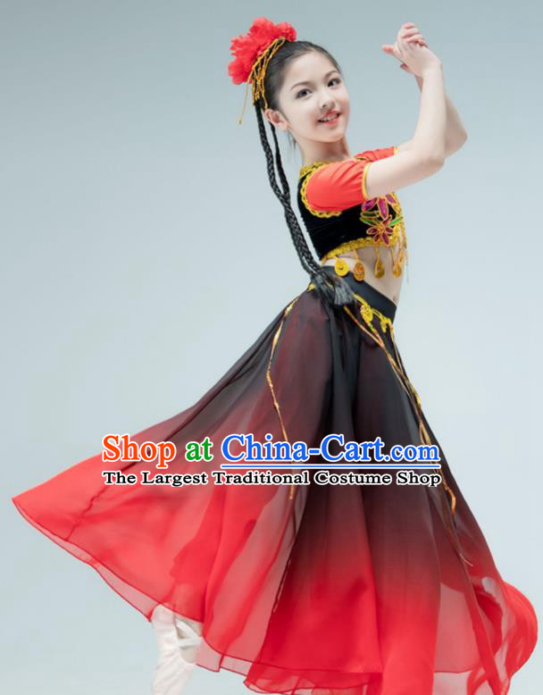 Chinese Xinjiang Dance Red Dress Outfit Uyghur Nationality Dance Garment Children Dance Clothing Stage Performance Costume