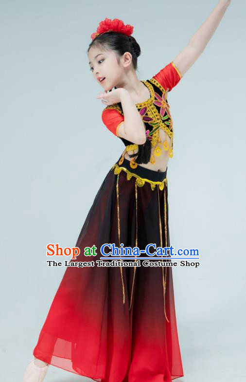 Chinese Xinjiang Dance Red Dress Outfit Uyghur Nationality Dance Garment Children Dance Clothing Stage Performance Costume