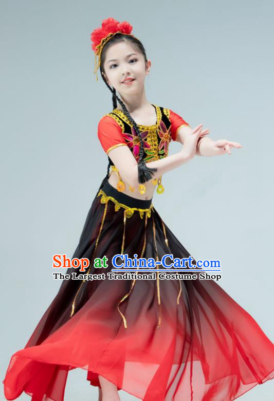Chinese Xinjiang Dance Red Dress Outfit Uyghur Nationality Dance Garment Children Dance Clothing Stage Performance Costume