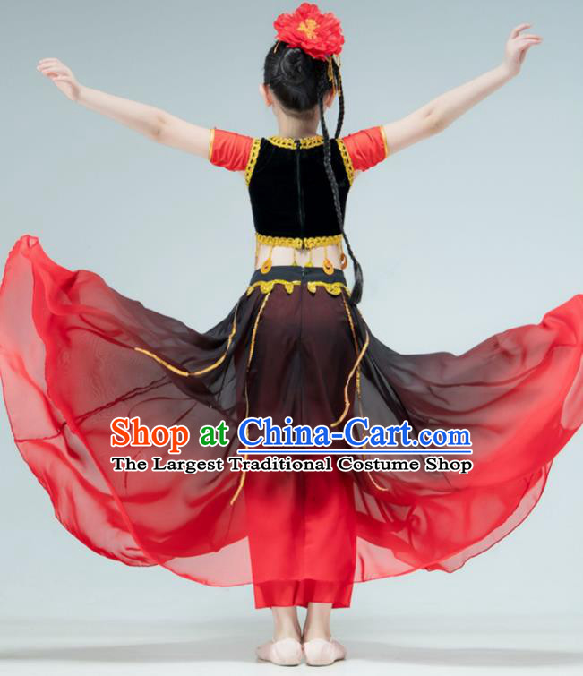 Chinese Xinjiang Dance Red Dress Outfit Uyghur Nationality Dance Garment Children Dance Clothing Stage Performance Costume